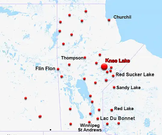 Map showing the location of Knee Lake in Manitoba